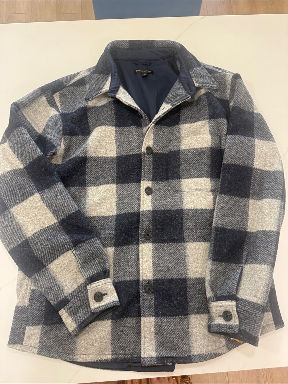 Banana Republic Navy and Gray Plaid Lightweight Shacket
